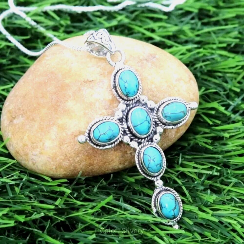 Sterling Silver Necklace w/ Turquoise Cross Pendant Southwestern Boho Jewelry